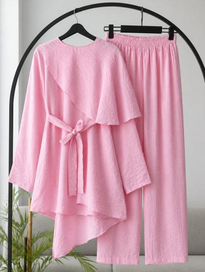 Çapraz Pelerinli Kuşaklı Pantolonlu Takım_Pembe