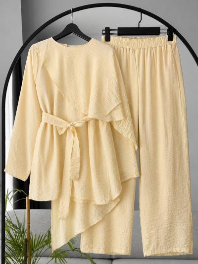 Çapraz Pelerinli Kuşaklı Pantolonlu Takım_Sarı