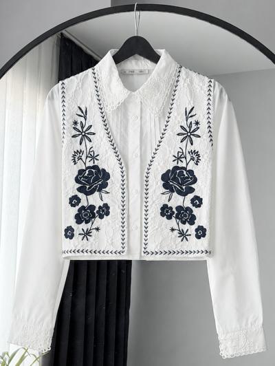 Çiçek Nakışlı Pamuk Yelek_Ekru Laci