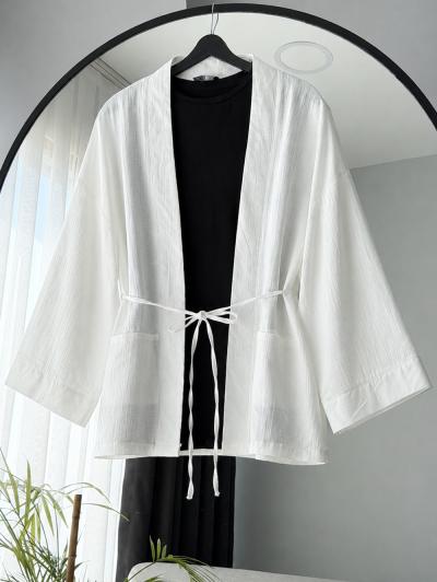 Çift Cepli İnce Kuşaklı Müslin Kimono_Ekru