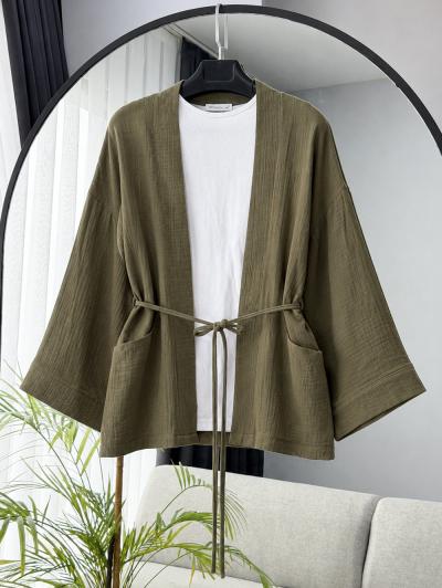 Çift Cepli İnce Kuşaklı Müslin Kimono_Haki