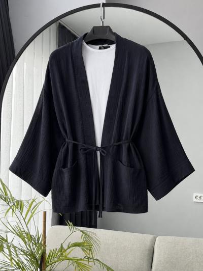 Çift Cepli İnce Kuşaklı Müslin Kimono_Koyu Lacivert