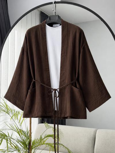 Çift Cepli İnce Kuşaklı Müslin Kimono_Kahve