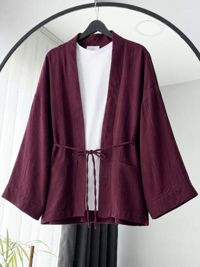 Çift Cepli İnce Kuşaklı Müslin Kimono_Mürdüm