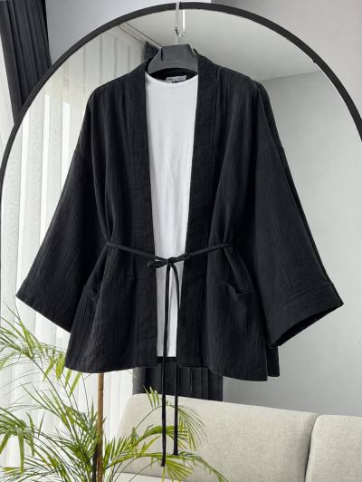 Çift Cepli İnce Kuşaklı Müslin Kimono_Siyah
