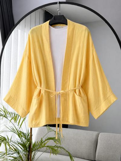 Çift Cepli Kuşaklı Müslin Kumaş Kimono_Sarı