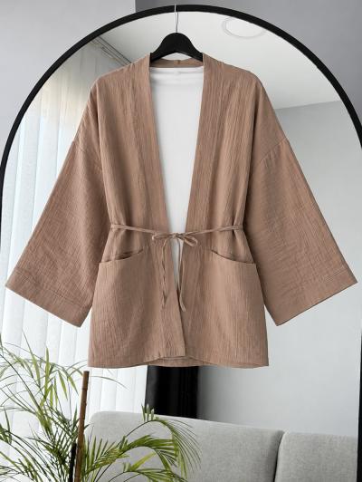 Çift Cepli Kuşaklı Müslin Kumaş Kimono_Koyu Bej