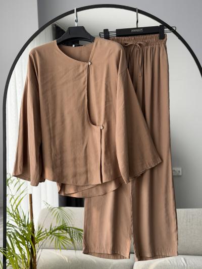 Çift Düğmeli Bol Kollu Pantolonlu Takım_Camel