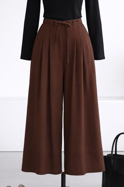Çift Pileli Diogonel Tencel Palazzo Pantolon_Kahve