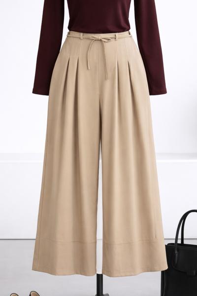 Çift Pileli Diogonel Tencel Palazzo Pantolon_Koyu Bej