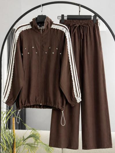 Dantel Şeritli Fermuarlı Oversıze Pantolonlu Takım_Kahve
