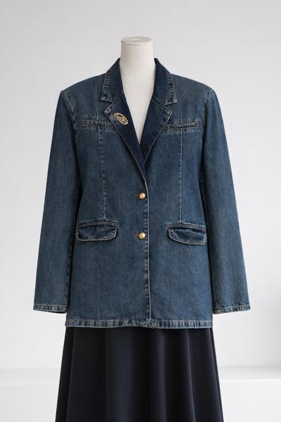 Düğmeli Klasik Blazer Kot Ceket_Koyu Mavi