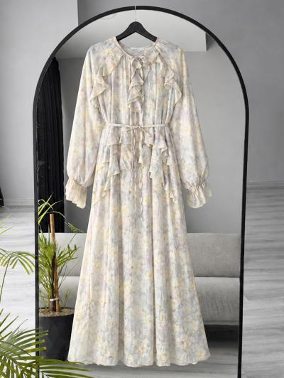 Fırfırlı Kuşaklı Dijıtal Desenli Tencel Elbise_Sarı Mor