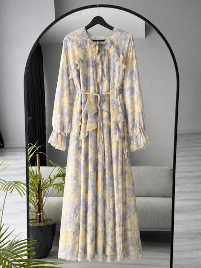 Fırfırlı Kuşaklı Dijıtal Desenli Tencel Elbise_Lila Sarı