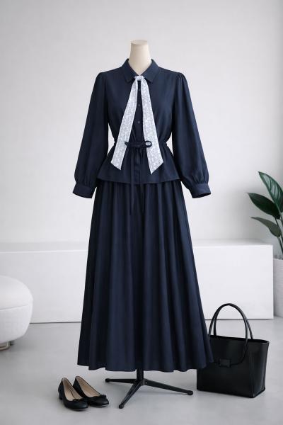 Fularlı Beli Tünelli Etekli Modal Takım_Lacivert