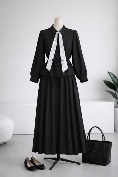 Fularlı Beli Tünelli Etekli Modal Takım_Siyah