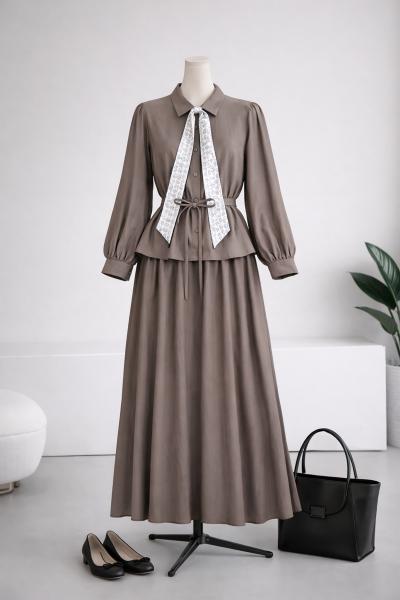 Fularlı Beli Tünelli Etekli Modal Takım_Vizon