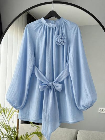 Gül Aksesuarlı Bağlamalı Tencel Tunik_Bebe Mavi