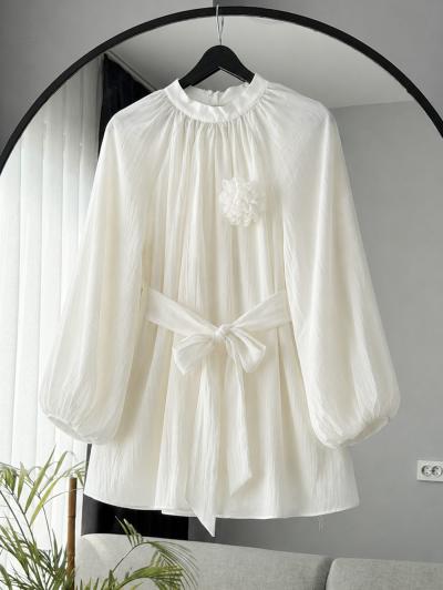 Gül Aksesuarlı Bağlamalı Tencel Tunik_Ekru