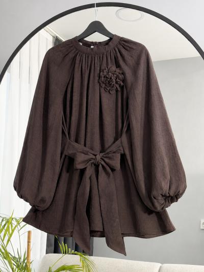 Gül Aksesuarlı Bağlamalı Tencel Tunik_Koyu Kahve