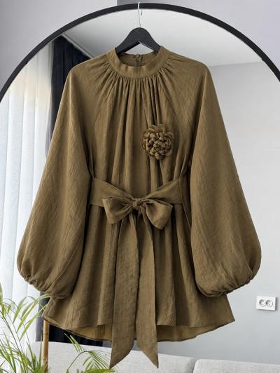 Gül Aksesuarlı Bağlamalı Tencel Tunik_Yağ Yeşili