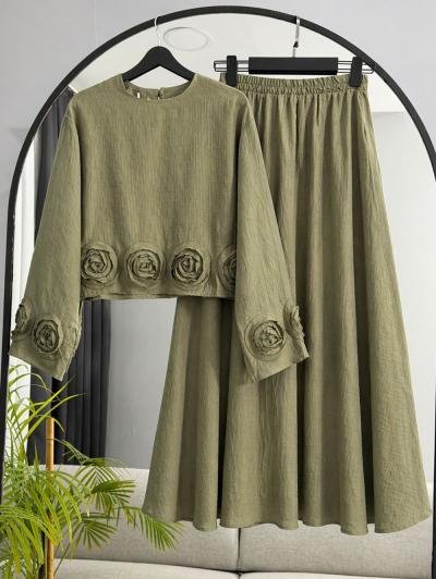 Gül Detaylı Müslin Tencel Etekli Takım_Haki