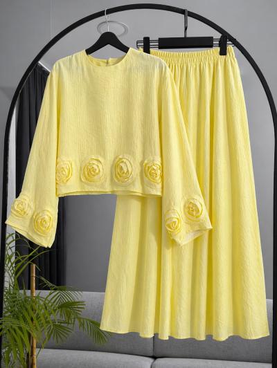 Gül Detaylı Müslin Tencel Etekli Takım_Sarı