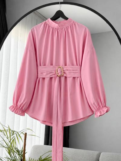 Hakim Yaka Kuşağı Tokalı Poplin Tunik_Pembe