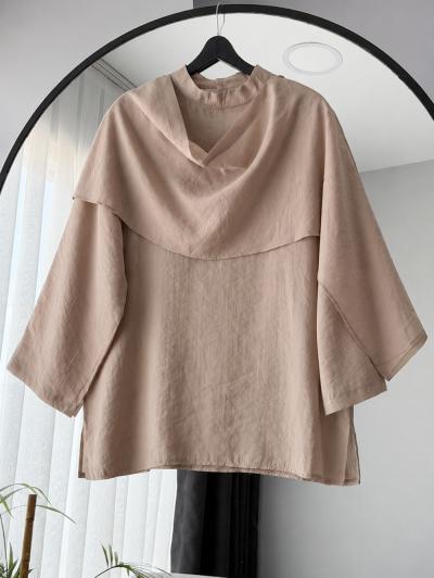 Hakim Yaka Pelerinli Oversize Bluz_Koyu Bej