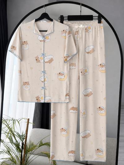 Hamster Desenli Kurdeleli Pijama Takımı_Taş