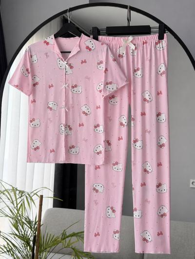Hllo Kity Desenli Kurdeleli Pijama Takımı_Pembe