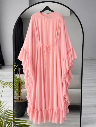 İkili Abaya Oversıze Yanları Volanlı Şifon Elbise_Pembe