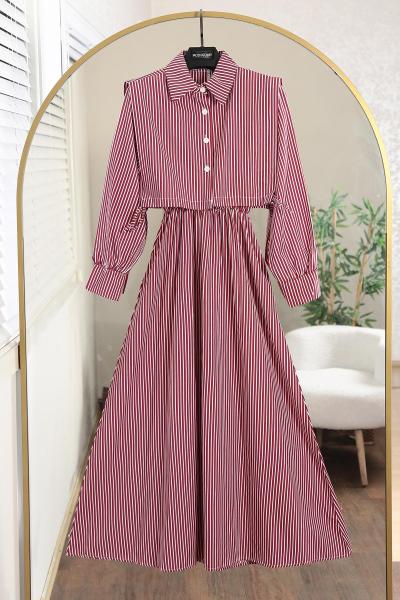 İkili Yanları Bağlamalı Çizgili Poplin Elbise_Bordo