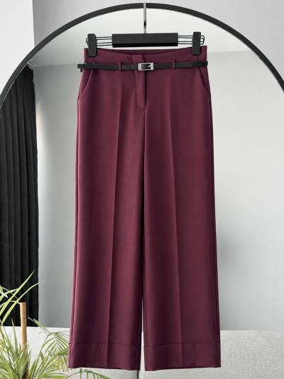 İnce Deri Kemerli Duble Paça Dabıl Pantolon_Mürdüm