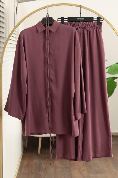 İnce Kuşaklı Çift Düğmeli Pantolonlu Tencel Takım_Gül