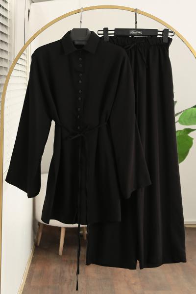 İnce Kuşaklı Çift Düğmeli Pantolonlu Tencel Takım_Siyah