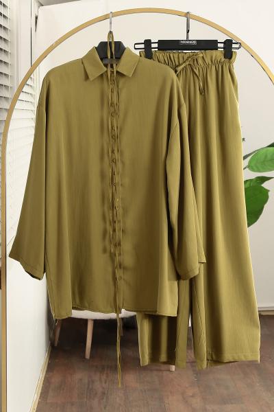 İnce Kuşaklı Çift Düğmeli Pantolonlu Tencel Takım_Yağ Yeşili