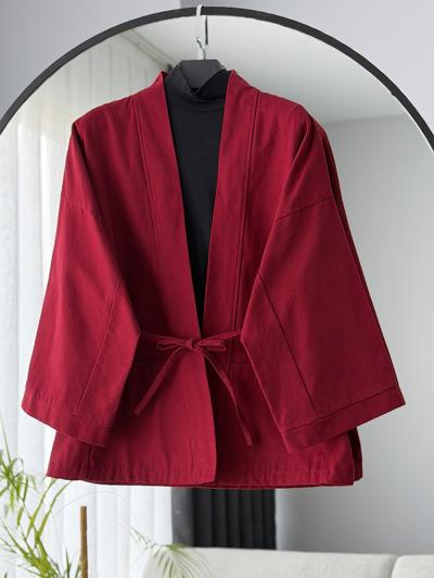 İnce Kuşaklı Kanvas Kimono_Bordo