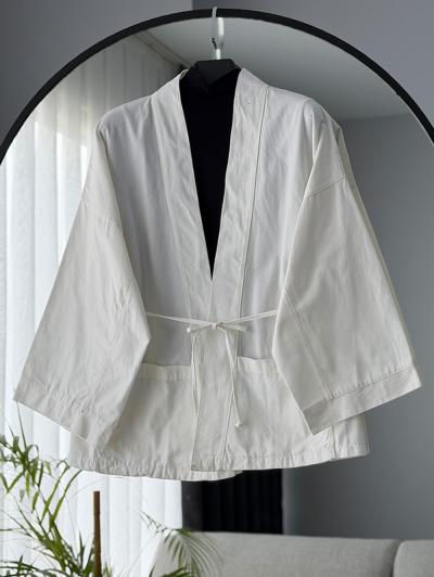 İnce Kuşaklı Kanvas Kimono_Ekru