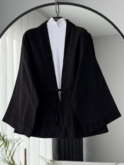 İnce Kuşaklı Kanvas Kimono_Siyah