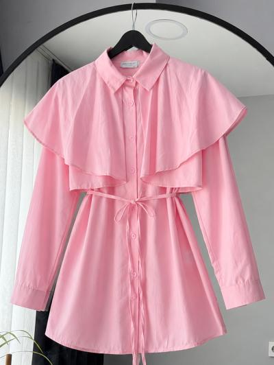 İnce Kuşaklı Pelerinli Poplin Gömlek_Pembe