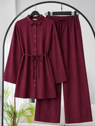 İnce Kuşaklı Çift Sıra Düğmeli Pantolonlu Keten Takım_Bordo