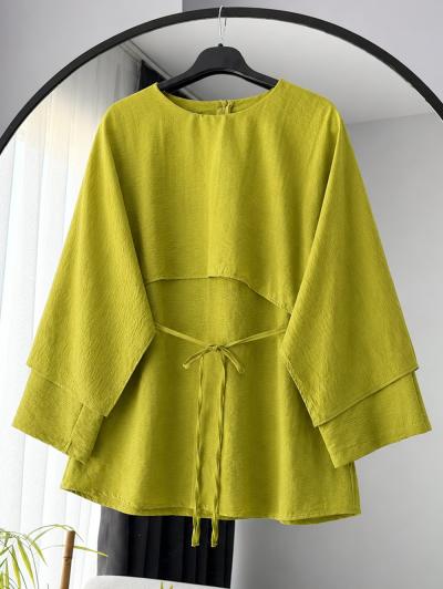 İnce Kuşaklı Pelerinli Caz Tunik_Olive