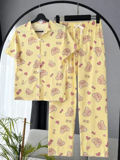 Kalp Ayıcık Desenli Kurdeleli Pijama Takımı_Sarı