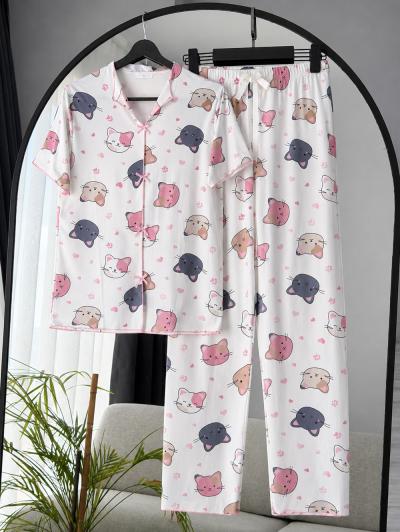 Kedi Desenli Kurdeleli Pijama Takımı_Ekru