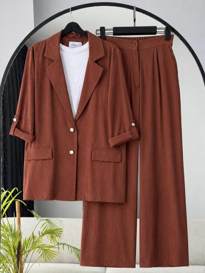 Kolları Katlamalı Pantolonlu Çilek Takım_Açık Kahve