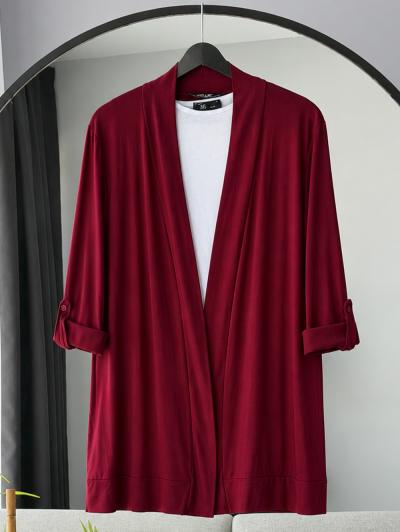 Kolları Katlamalı Oversıze Örme Çilek Hırka_Bordo
