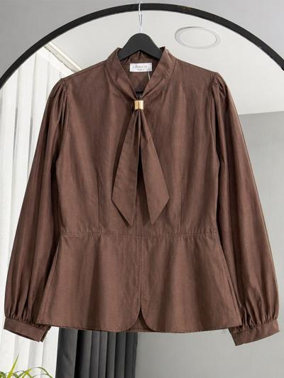 Kravat Toka Detaylı Poplin Bluz_Kahve