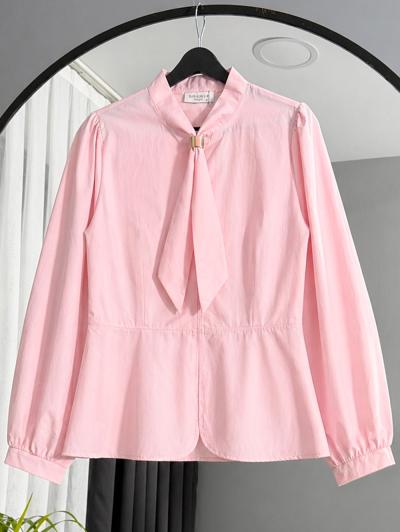 Kravat Toka Detaylı Poplin Bluz_Pembe