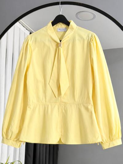 Kravat Toka Detaylı Poplin Bluz_Sarı